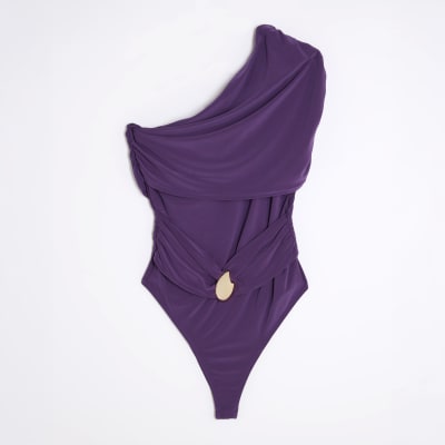 Purple One Shouldered Gold Trim Bodysuit