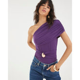 Purple One Shouldered Gold Trim Bodysuit