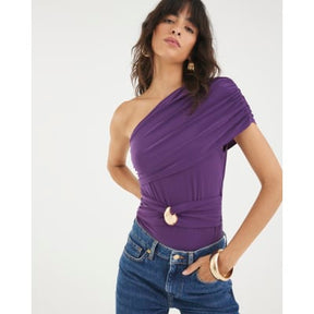 Purple One Shouldered Gold Trim Bodysuit
