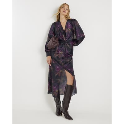 Purple Satin Long Sleeve Twist Front Dress