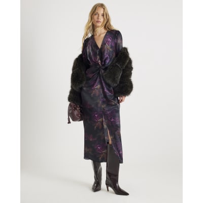 Purple Satin Long Sleeve Twist Front Dress