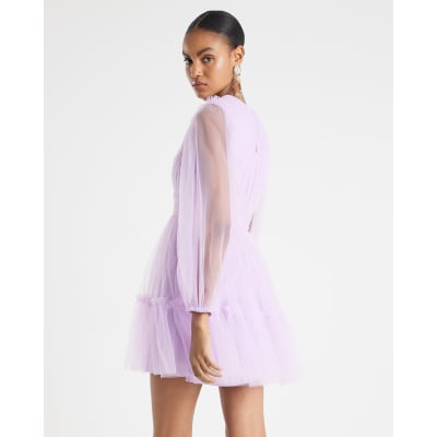 Purple Sheer Long Sleeve Tulle Mini Dress