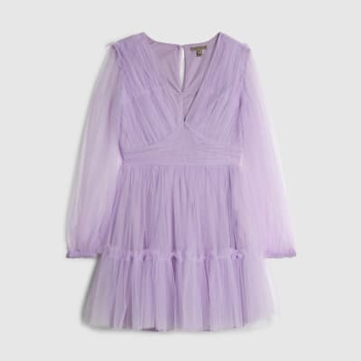 Purple Sheer Long Sleeve Tulle Mini Dress