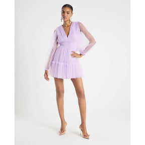 Purple Sheer Long Sleeve Tulle Mini Dress