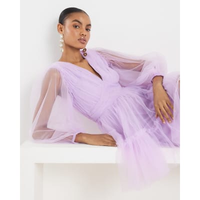 Purple Sheer Long Sleeve Tulle Mini Dress