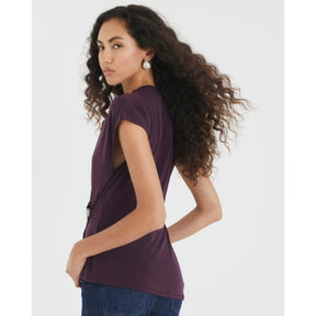 Purple Short Sleeve Draped Floral Trim Top