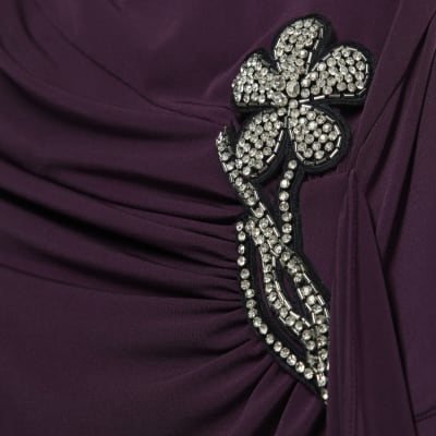 Purple Short Sleeve Draped Floral Trim Top