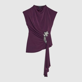 Purple Short Sleeve Draped Floral Trim Top