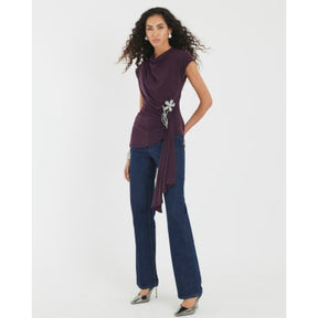 Purple Short Sleeve Draped Floral Trim Top