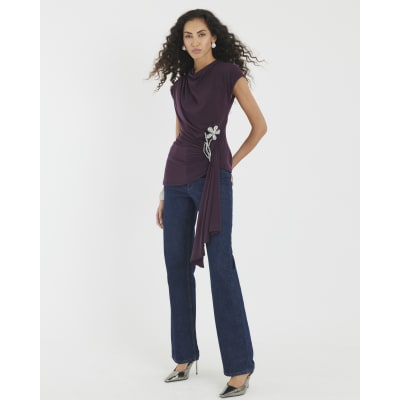 Purple Short Sleeve Draped Floral Trim Top