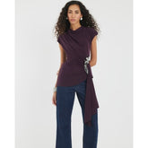 Purple Short Sleeve Draped Floral Trim Top