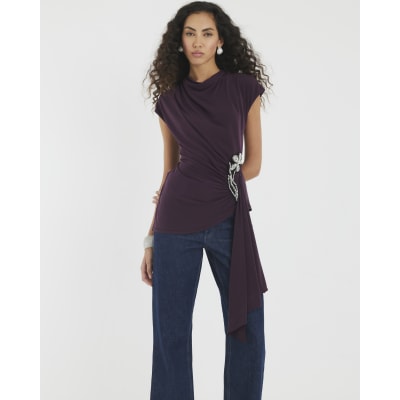 Purple Short Sleeve Draped Floral Trim Top