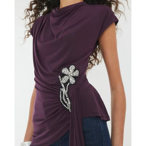 Purple Short Sleeve Draped Floral Trim Top