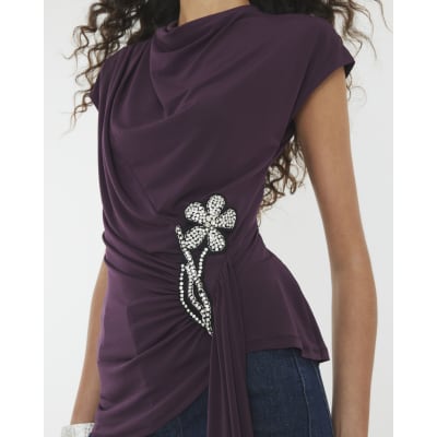 Purple Short Sleeve Draped Floral Trim Top