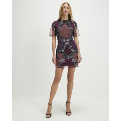Purple Short Sleeve Embellished Mini Dress