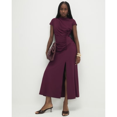 Purple Short Sleeve High Neck Maxi Dress