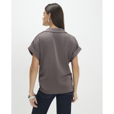 Purple Short Sleeve Wrap Front Blouse