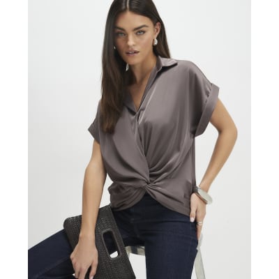 Purple Short Sleeve Wrap Front Blouse