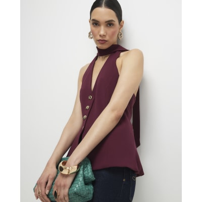 Purple Sleeveless Scarf Neck Waistcoat