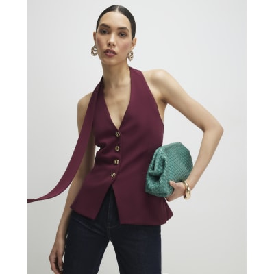 Purple Sleeveless Scarf Neck Waistcoat