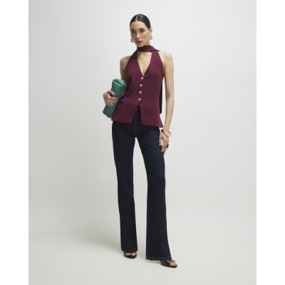 Purple Sleeveless Scarf Neck Waistcoat