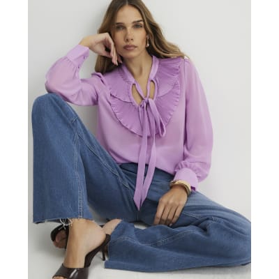 Purple Tie Neck Long Sleeve Blouse