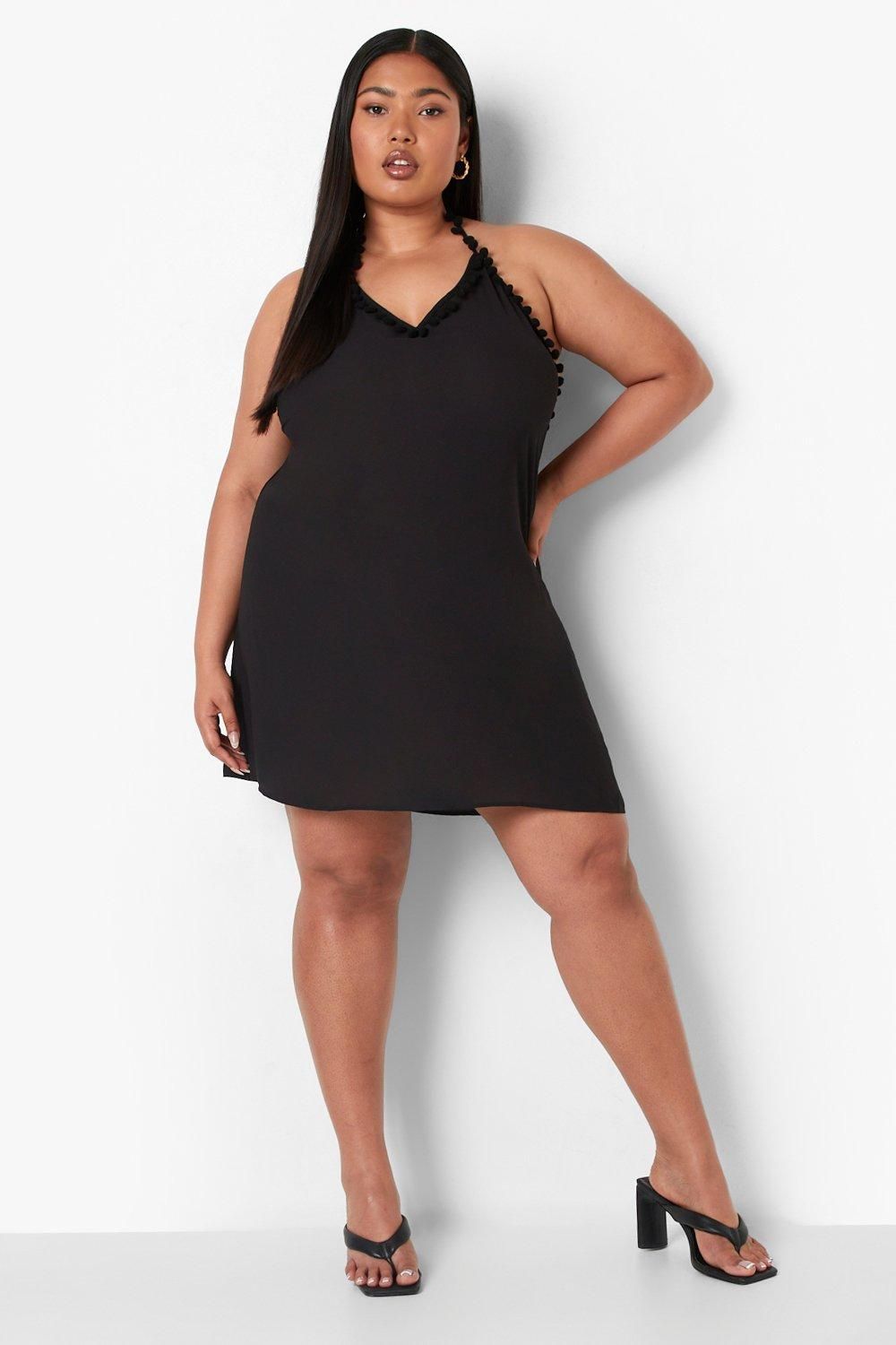 Plus Halterneck Pom Pom Trim Swing Dress