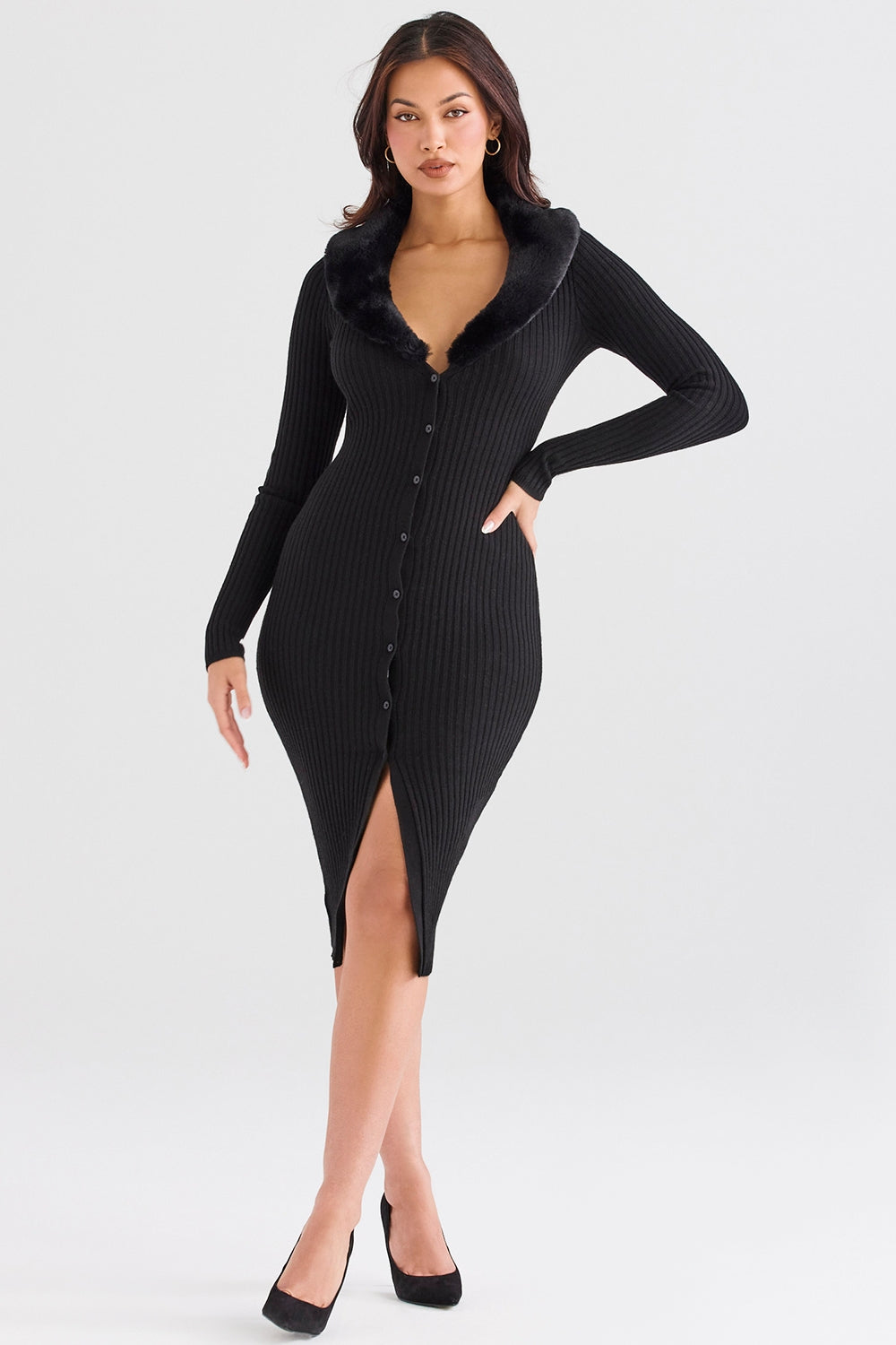 Black faux fur trim dress