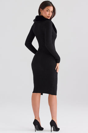 Black faux fur trim dress