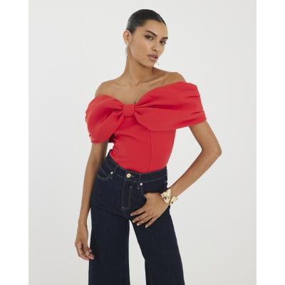 Red 3D Bow Bardot Top