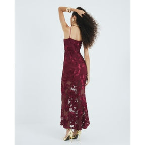 Red 3D Floral Mesh Tube Maxi Dress