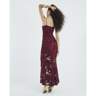 Red 3D Floral Mesh Tube Maxi Dress