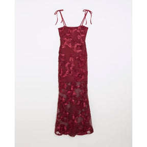 Red 3D Floral Mesh Tube Maxi Dress