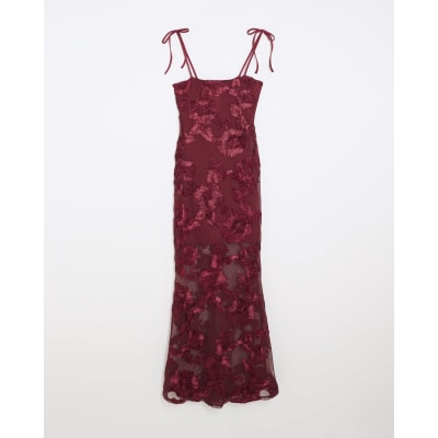 Red 3D Floral Mesh Tube Maxi Dress