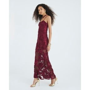 Red 3D Floral Mesh Tube Maxi Dress