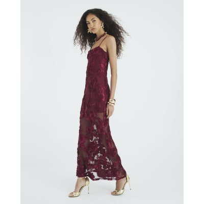 Red 3D Floral Mesh Tube Maxi Dress