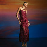 Red 3D Floral Mesh Tube Maxi Dress
