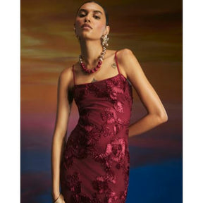 Red 3D Floral Mesh Tube Maxi Dress