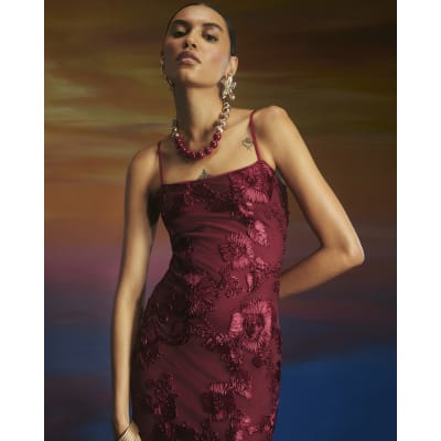 Red 3D Floral Mesh Tube Maxi Dress