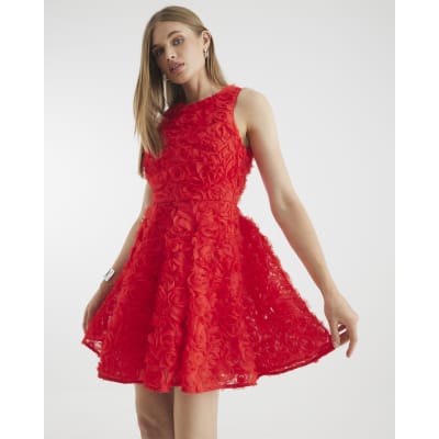 Red 3D Floral Mini Dress