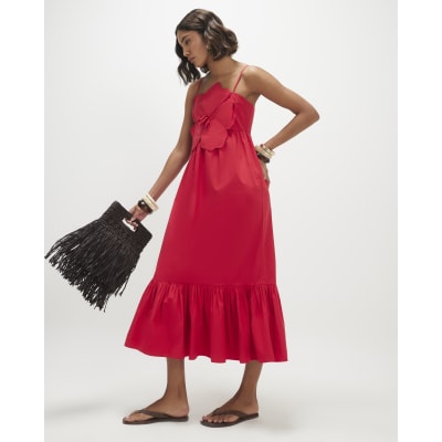Red 3D Flower Maxi Dress