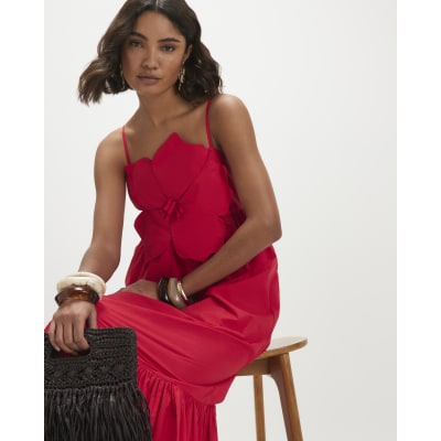Red 3D Flower Maxi Dress