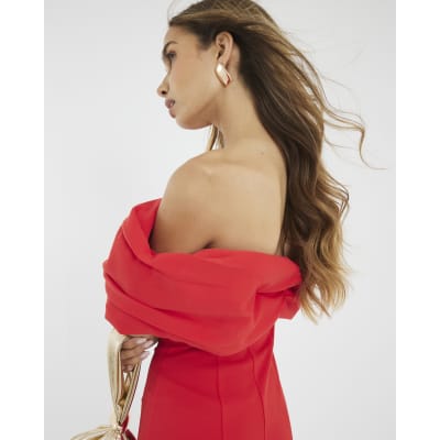Red Bardot Bow Detail Bodycon Midi Dress