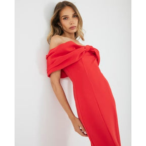 Red Bardot Bow Detail Bodycon Midi Dress