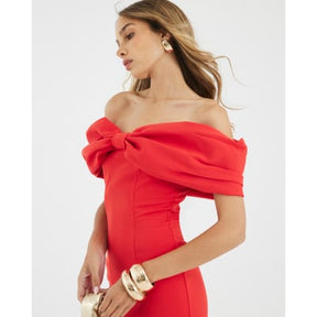 Red Bardot Bow Detail Bodycon Midi Dress