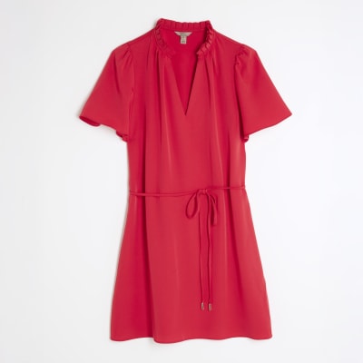 Red Belted Fluted Mini Dress