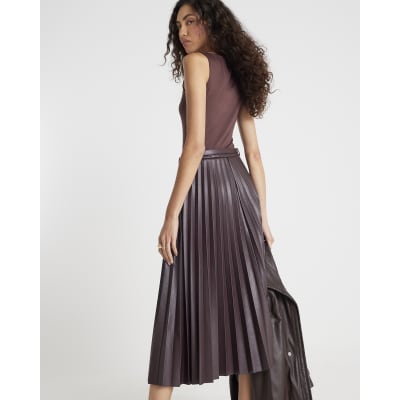 Red Belted Pleated Midi Skirt