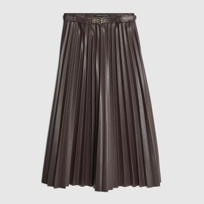 Red Belted Pleated Midi Skirt