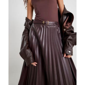 Red Belted Pleated Midi Skirt