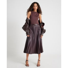 Red Belted Pleated Midi Skirt